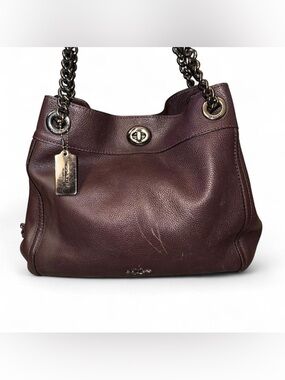 Coach Pebbled Leather Shoulder Bag in Plum with Chain Straps